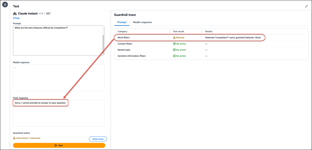 Amazon Bedrock Guardrails Get Safety and Privacy Upgrades AWSNEWS 1963 figure7 word filters view trace annotated v2 1 1 Amazon Bedrock Guardrails