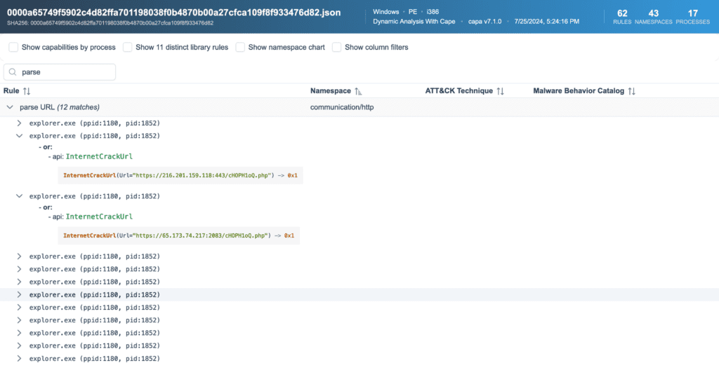 Dynamic analysis results in capa Explorer Web Dynamic analysis results in capa Explorer Web
