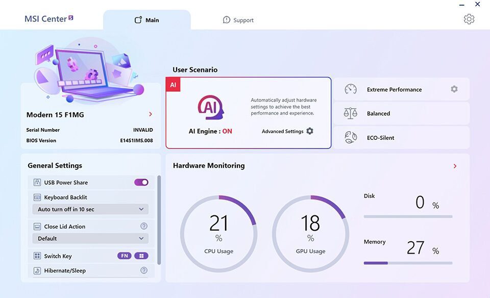MSI AI Engine in MSI Center S MSI AI Engine in MSI Center S