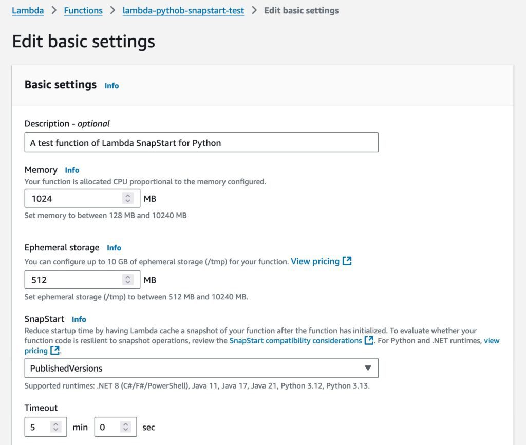 SnapStart settings on the Edit basic settings page SnapStart settings on the Edit basic settings page